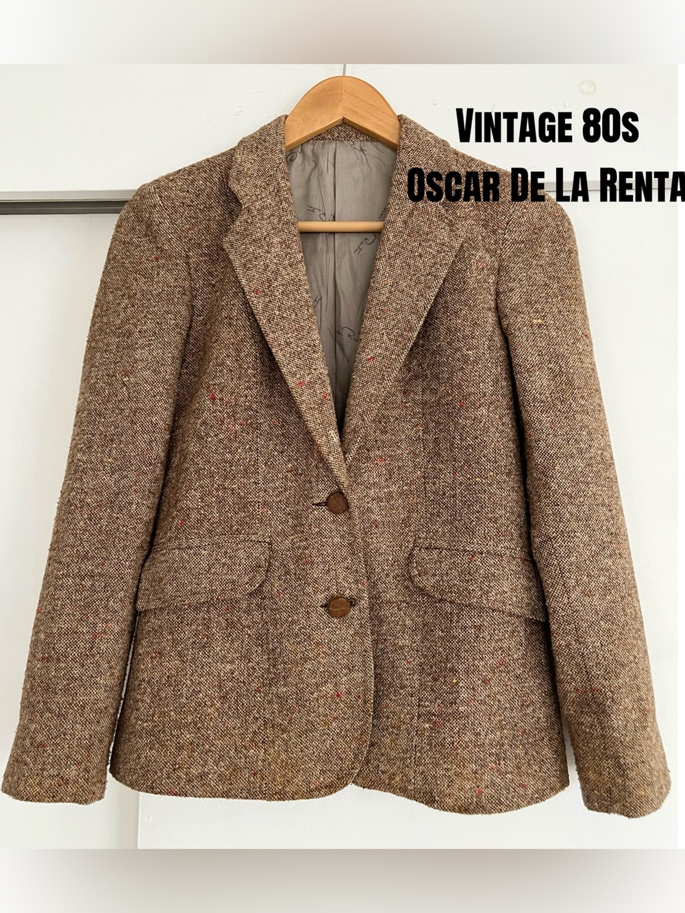 Vintage 80s Oscar de la Renta Brown Wool Tweed Blazer XS